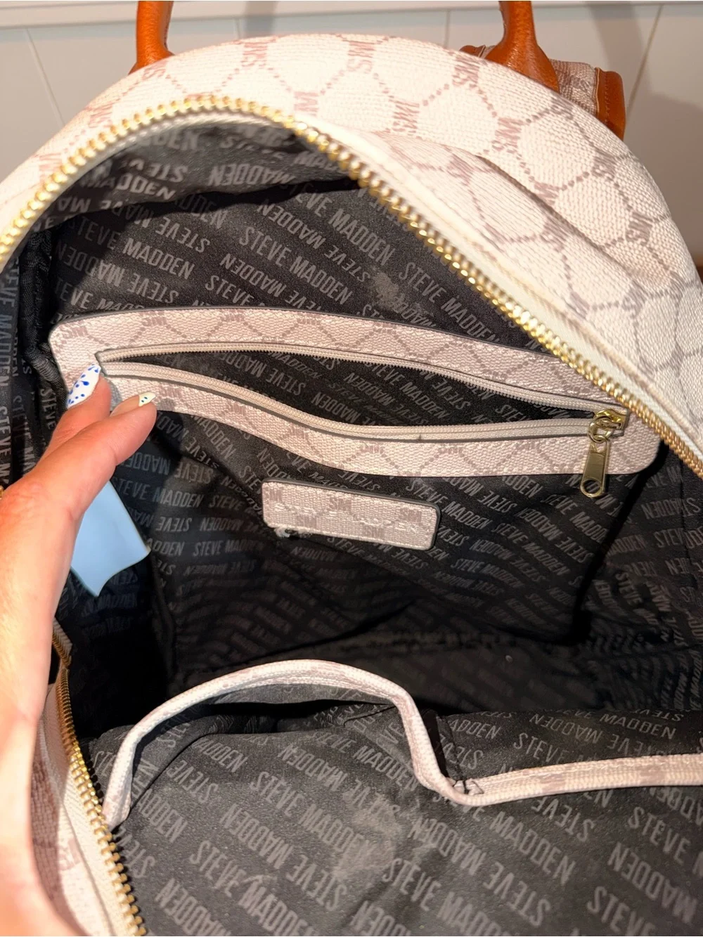 Steve Madden Cream and Tan Signature Mini Backpack
